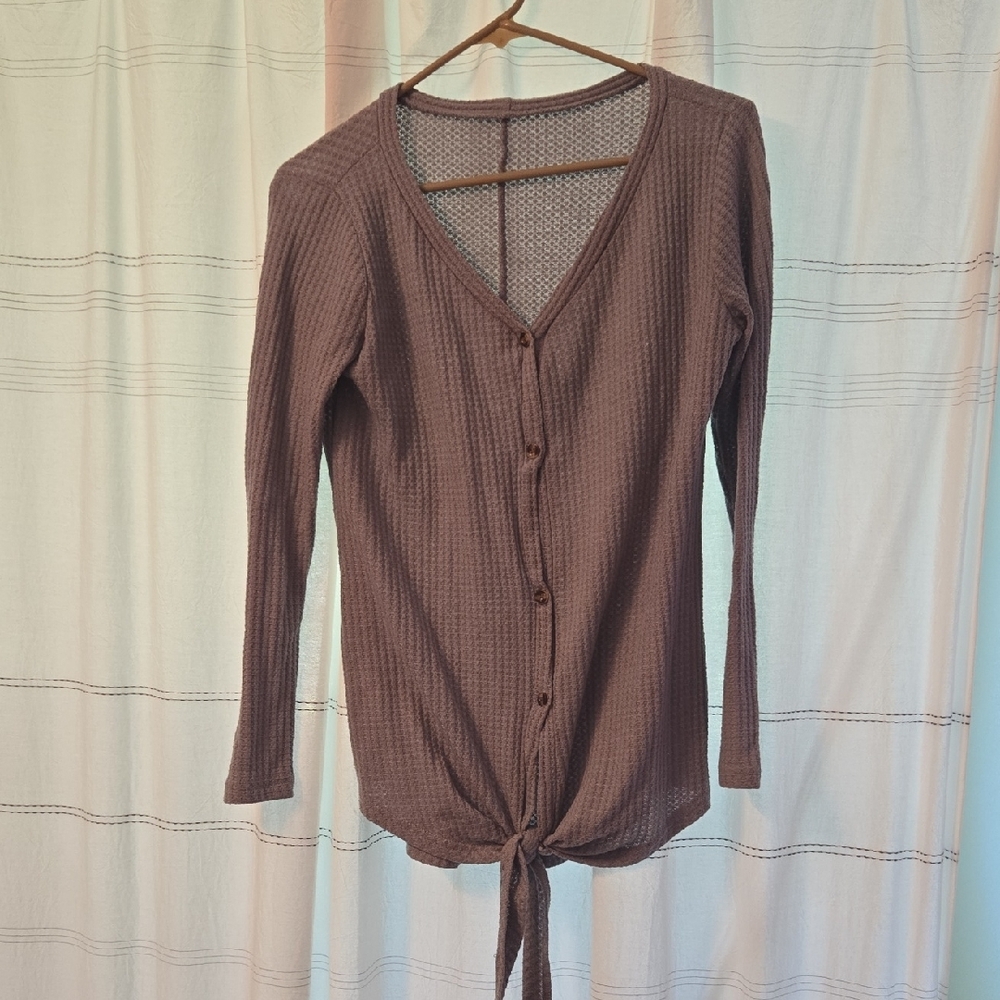 Grey Waffle Knit Button Up Long Sleeve Top Tie Front Size Small